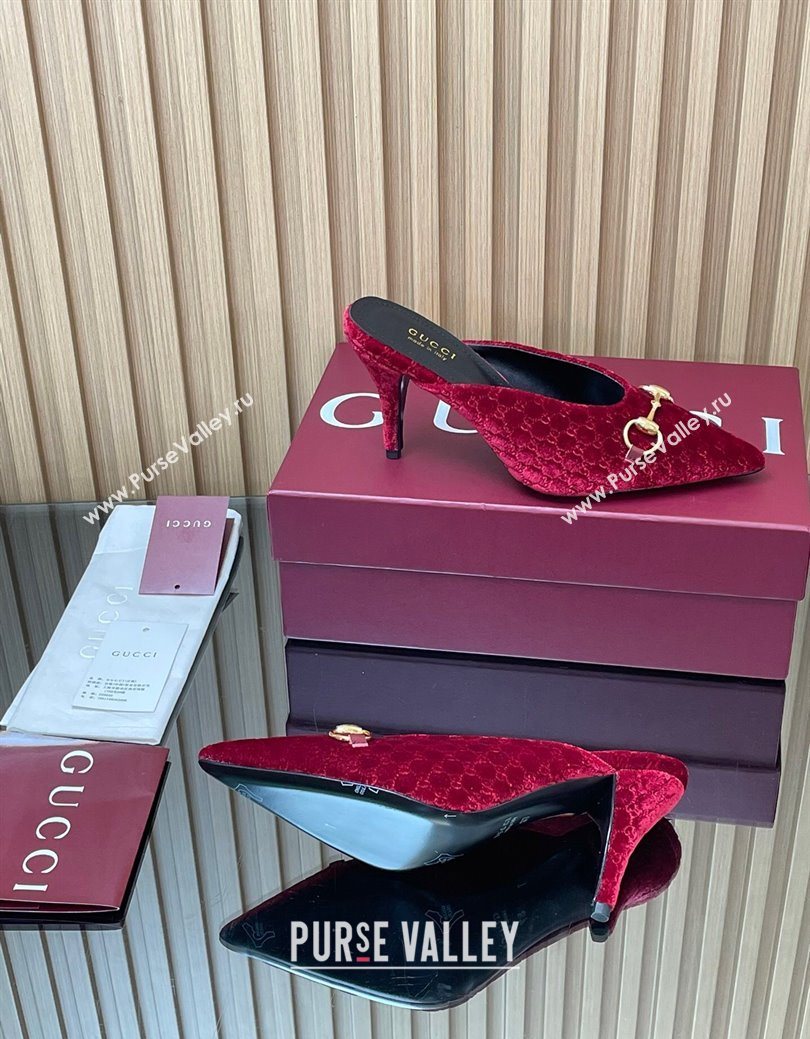 Gucci GG Velvet Heel Mules 8.5cm with Horsebit Red 2025 ‎835739 (MD-250828062)