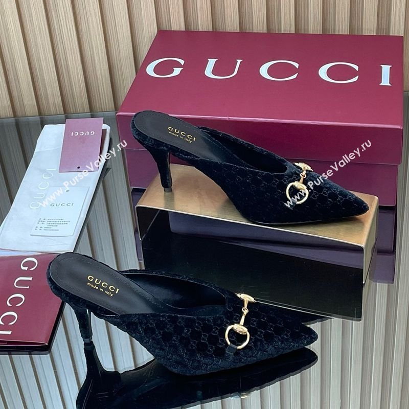 Gucci GG Velvet Heel Mules 8.5cm with Horsebit Black 2025 ‎835739 (MD-250828063)