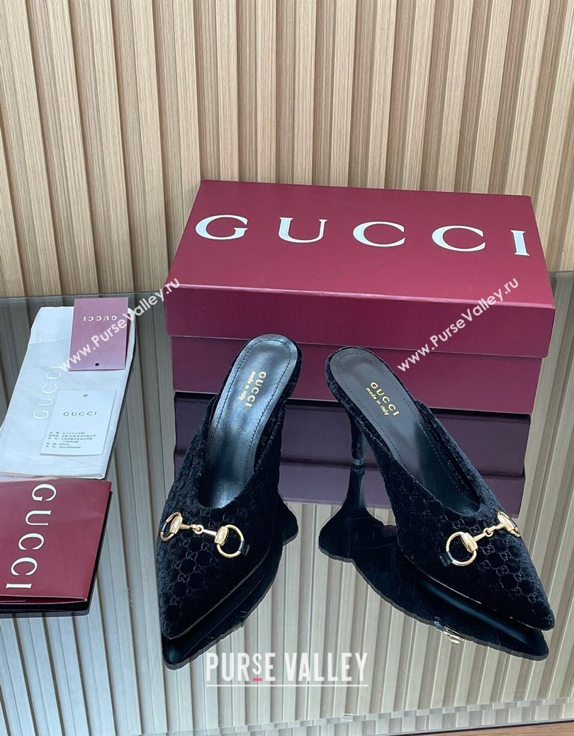Gucci GG Velvet Heel Mules 8.5cm with Horsebit Black 2025 ‎835739 (MD-250828063)