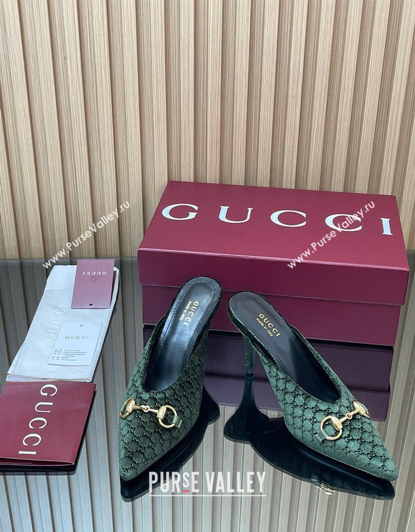 Gucci GG Velvet Heel Mules 8.5cm with Horsebit Green 2025 ‎835739 (MD-250828060)