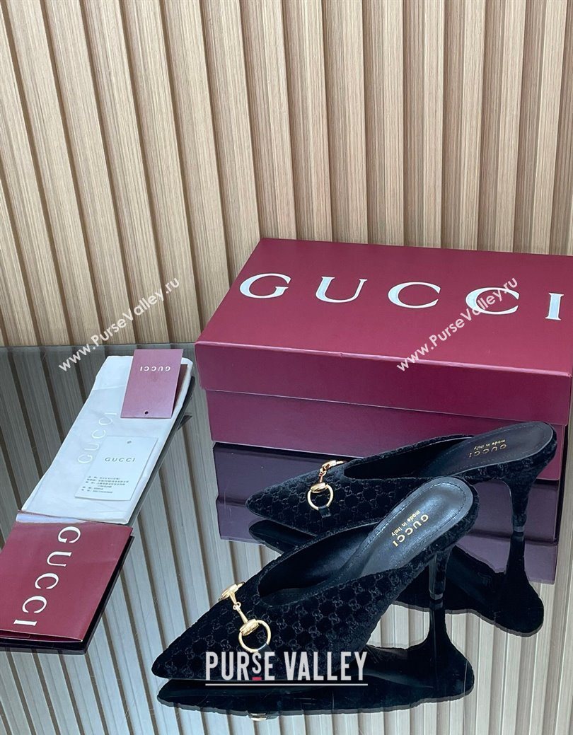Gucci GG Velvet Heel Mules 8.5cm with Horsebit Black 2025 ‎835739 (MD-250828063)