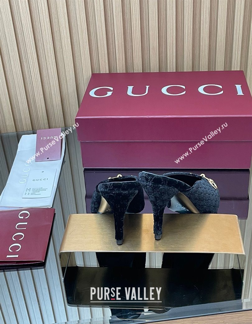 Gucci GG Velvet Heel Mules 8.5cm with Horsebit Black 2025 ‎835739 (MD-250828063)