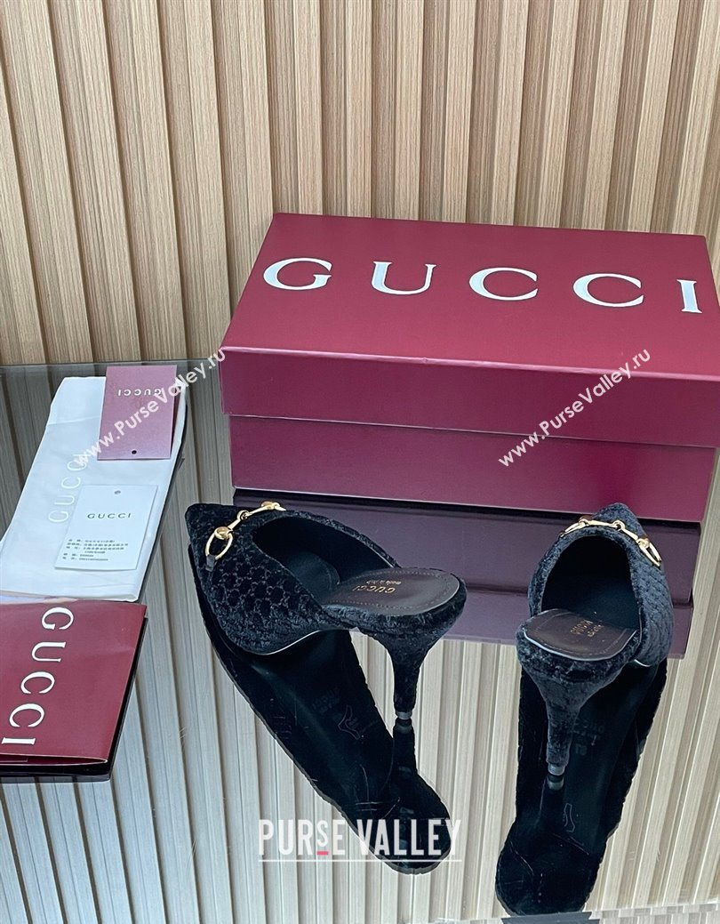 Gucci GG Velvet Heel Mules 8.5cm with Horsebit Black 2025 ‎835739 (MD-250828063)