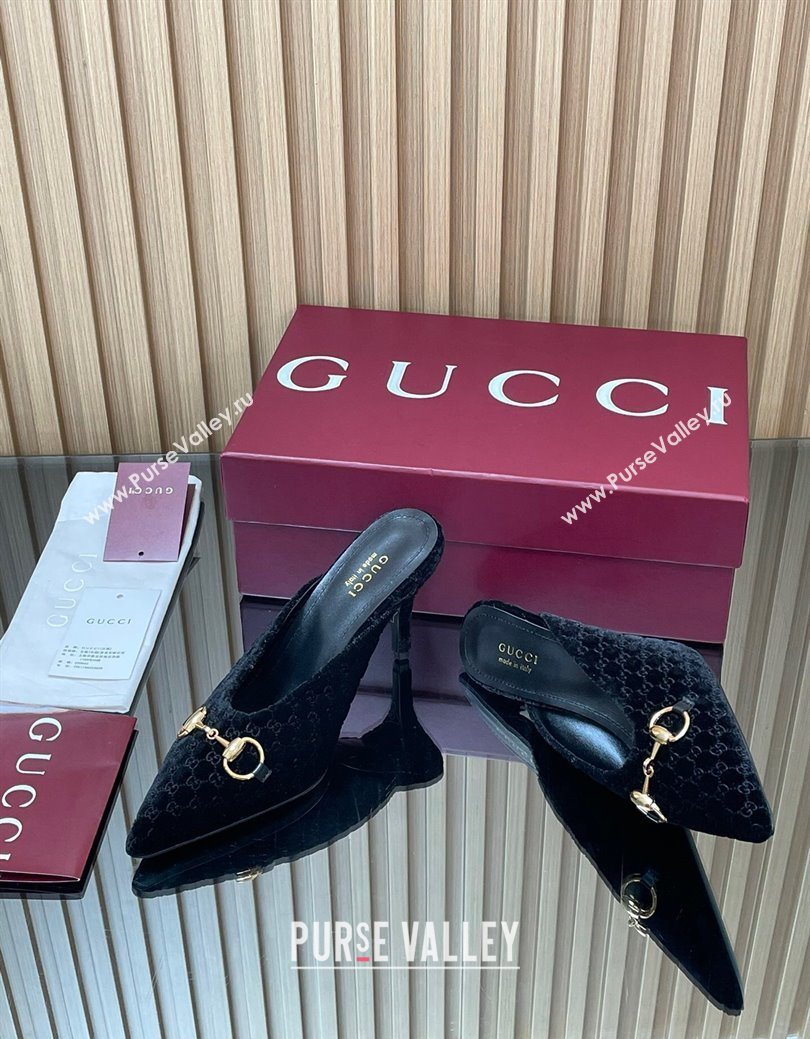 Gucci GG Velvet Heel Mules 8.5cm with Horsebit Black 2025 ‎835739 (MD-250828063)