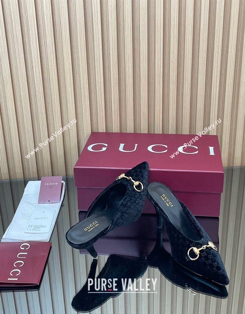 Gucci GG Velvet Heel Mules 8.5cm with Horsebit Black 2025 ‎835739 (MD-250828063)