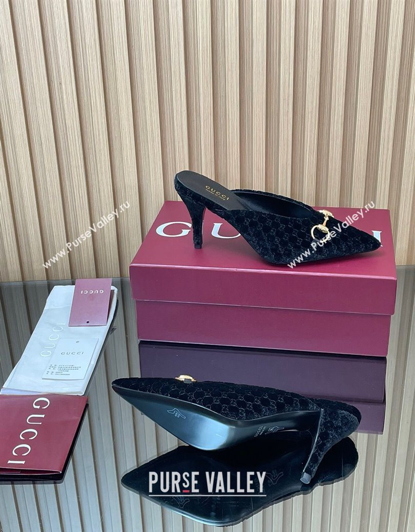Gucci GG Velvet Heel Mules 8.5cm with Horsebit Black 2025 ‎835739 (MD-250828063)