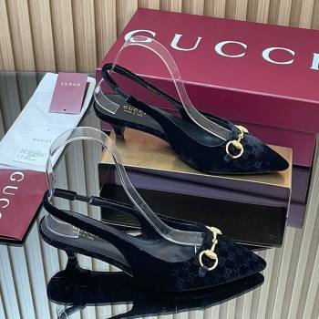 Gucci GG Velvet Slingback Pumps 4.5cm with Horsebit Black 2025 ‎835978 (MD-250828068)