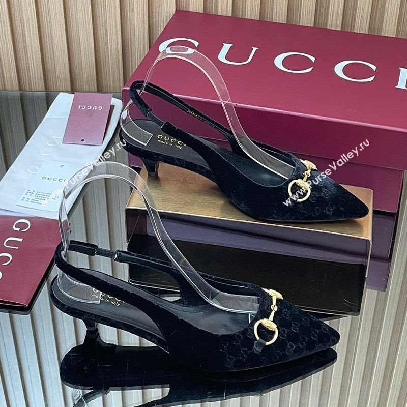 Gucci GG Velvet Slingback Pumps 4.5cm with Horsebit Black 2025 ‎835978 (MD-250828068)