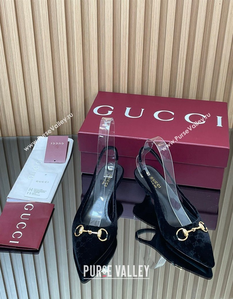 Gucci GG Velvet Slingback Pumps 4.5cm with Horsebit Black 2025 ‎835978 (MD-250828068)