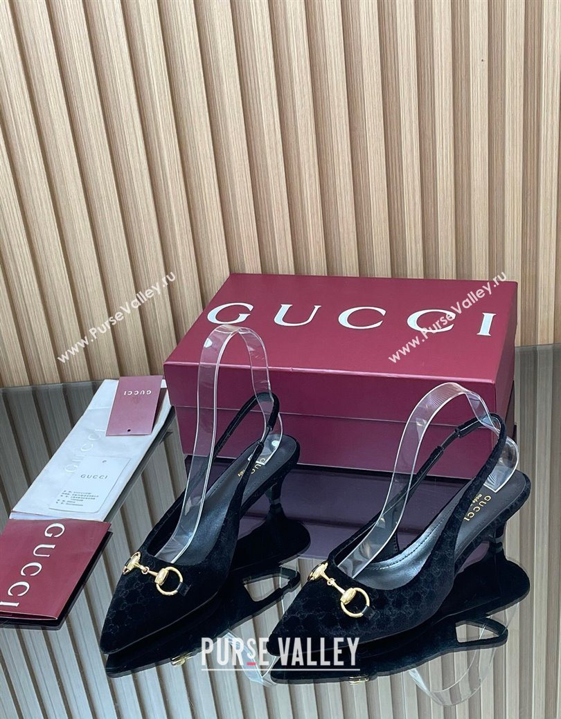 Gucci GG Velvet Slingback Pumps 4.5cm with Horsebit Black 2025 ‎835978 (MD-250828068)