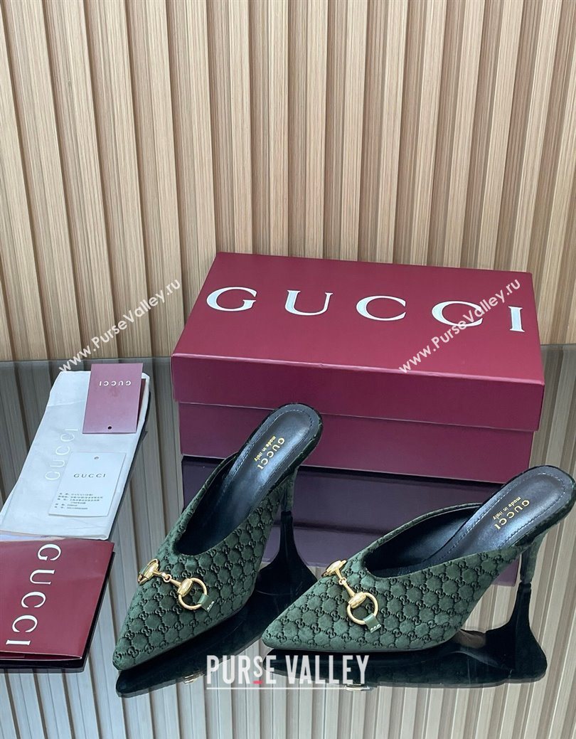 Gucci GG Velvet Heel Mules 8.5cm with Horsebit Green 2025 ‎835739 (MD-250828060)