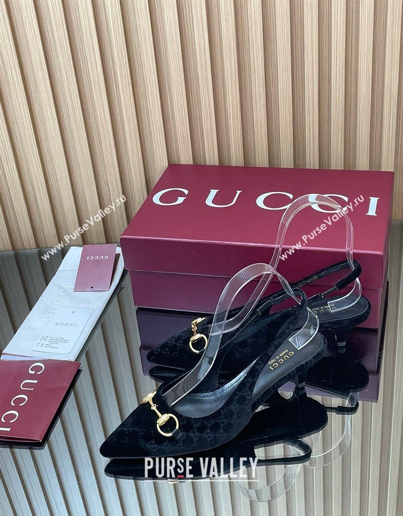 Gucci GG Velvet Slingback Pumps 4.5cm with Horsebit Black 2025 ‎835978 (MD-250828068)