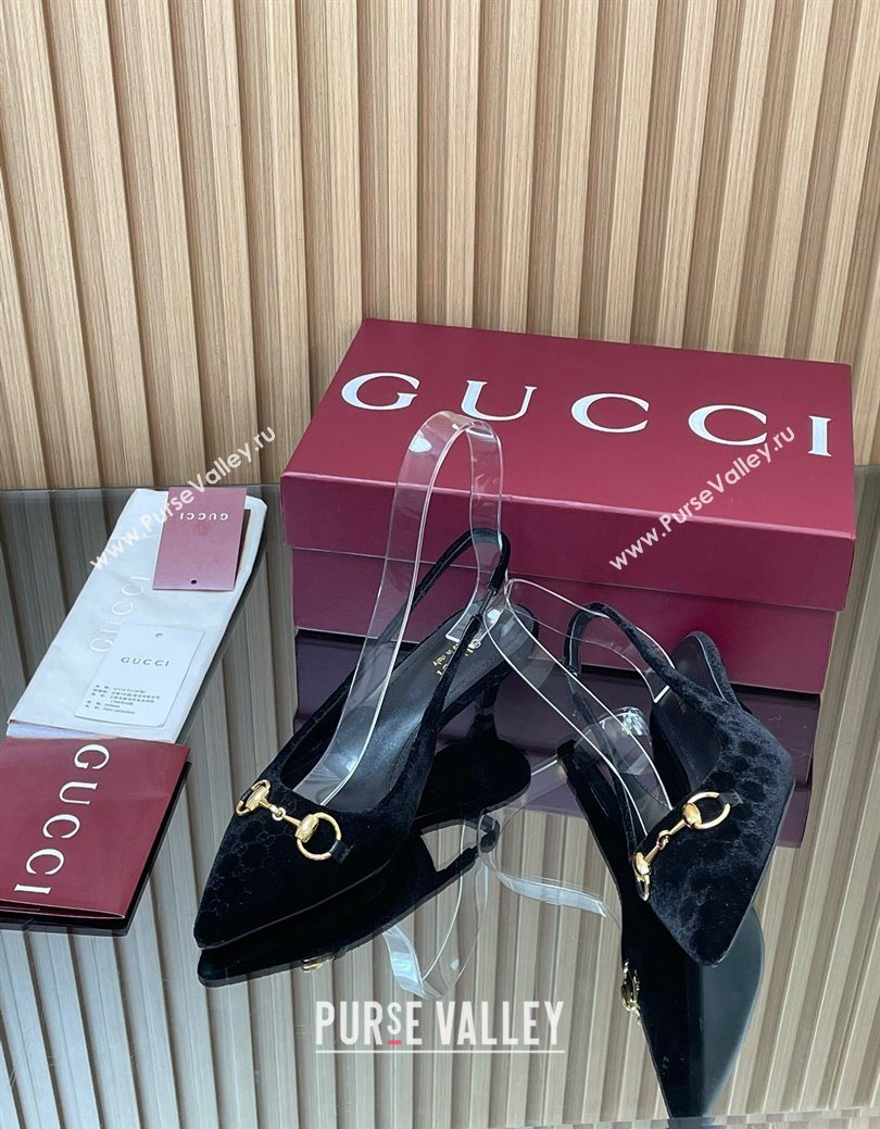 Gucci GG Velvet Slingback Pumps 4.5cm with Horsebit Black 2025 ‎835978 (MD-250828068)