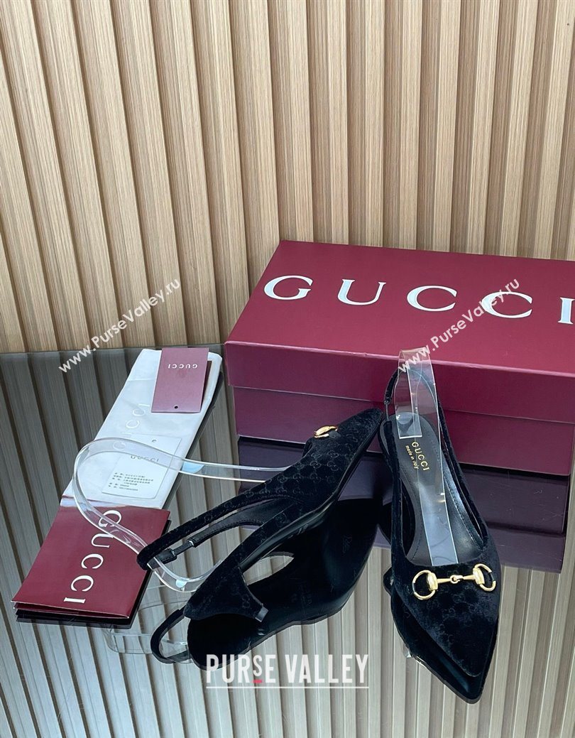 Gucci GG Velvet Slingback Pumps 4.5cm with Horsebit Black 2025 ‎835978 (MD-250828068)