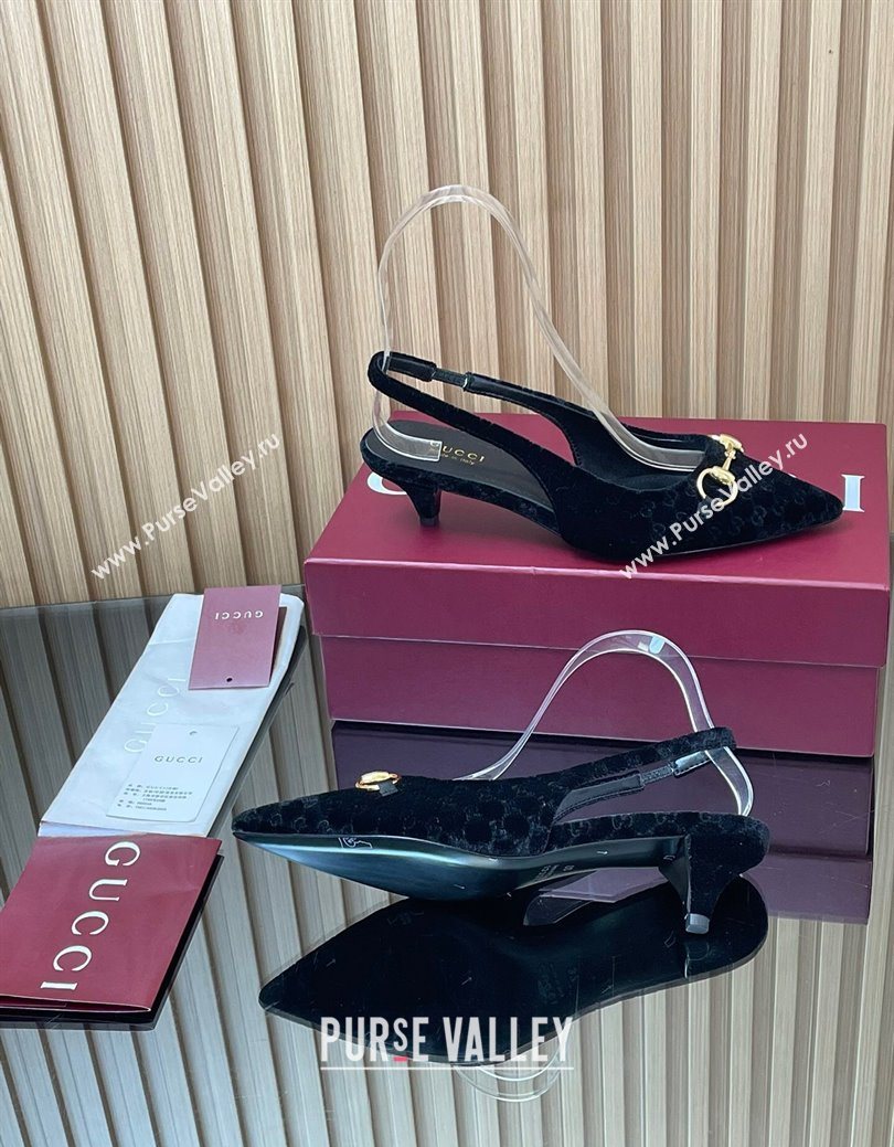 Gucci GG Velvet Slingback Pumps 4.5cm with Horsebit Black 2025 ‎835978 (MD-250828068)