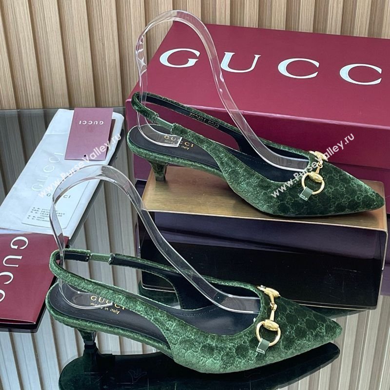 Gucci GG Velvet Slingback Pumps 4.5cm with Horsebit Green 2025 ‎835978 (MD-250828069)