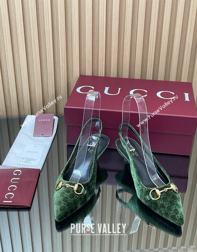 Gucci GG Velvet Slingback Pumps 4.5cm with Horsebit Green 2025 ‎835978 (MD-250828069)