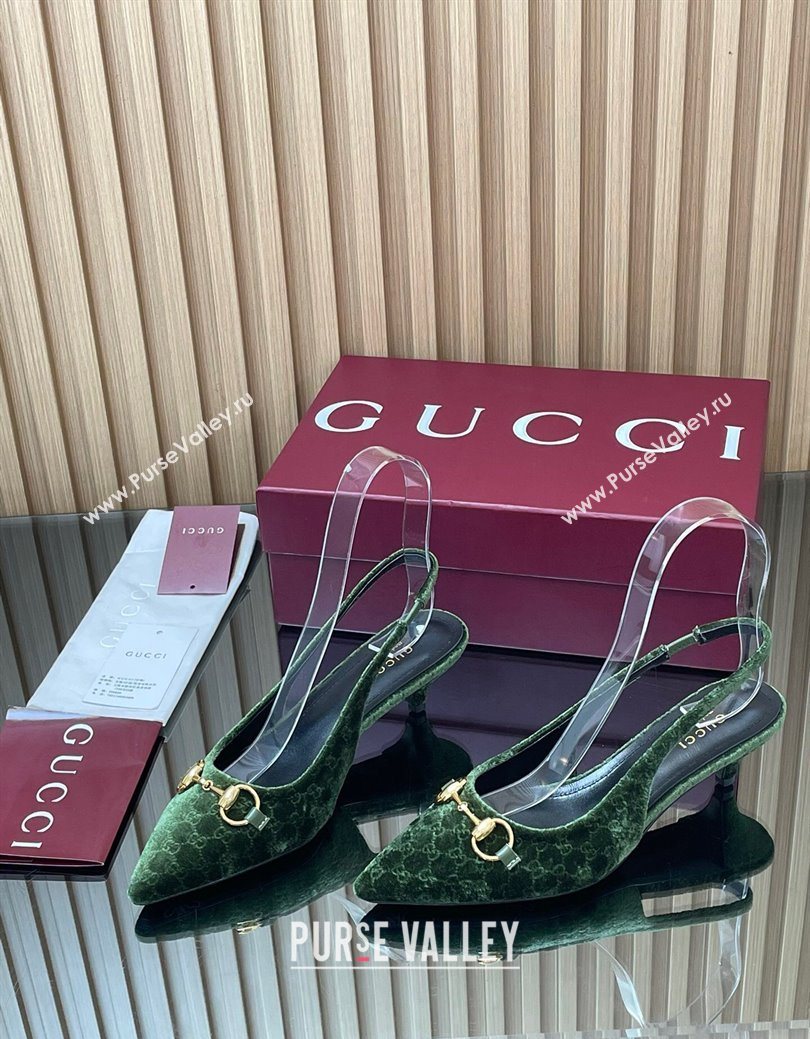 Gucci GG Velvet Slingback Pumps 4.5cm with Horsebit Green 2025 ‎835978 (MD-250828069)