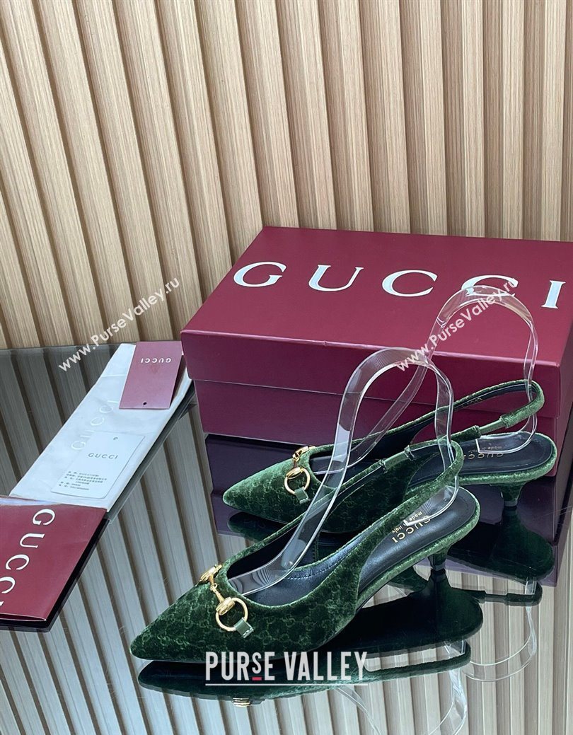 Gucci GG Velvet Slingback Pumps 4.5cm with Horsebit Green 2025 ‎835978 (MD-250828069)