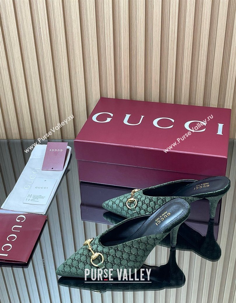 Gucci GG Velvet Heel Mules 8.5cm with Horsebit Green 2025 ‎835739 (MD-250828060)