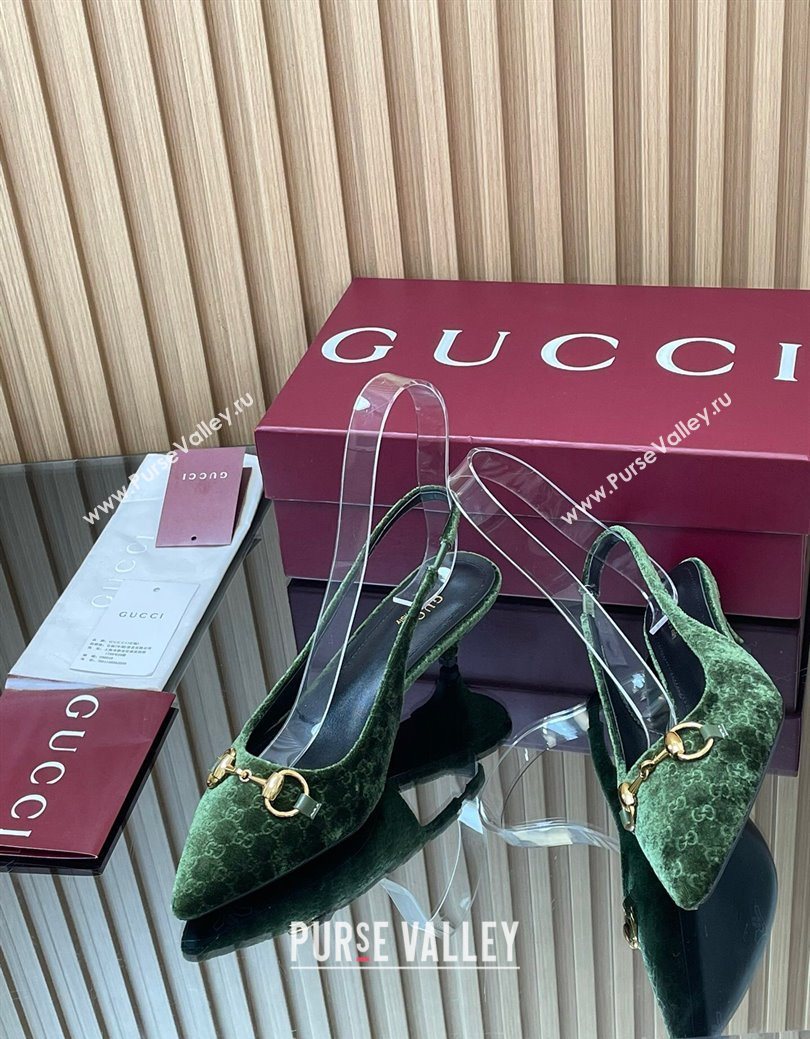 Gucci GG Velvet Slingback Pumps 4.5cm with Horsebit Green 2025 ‎835978 (MD-250828069)