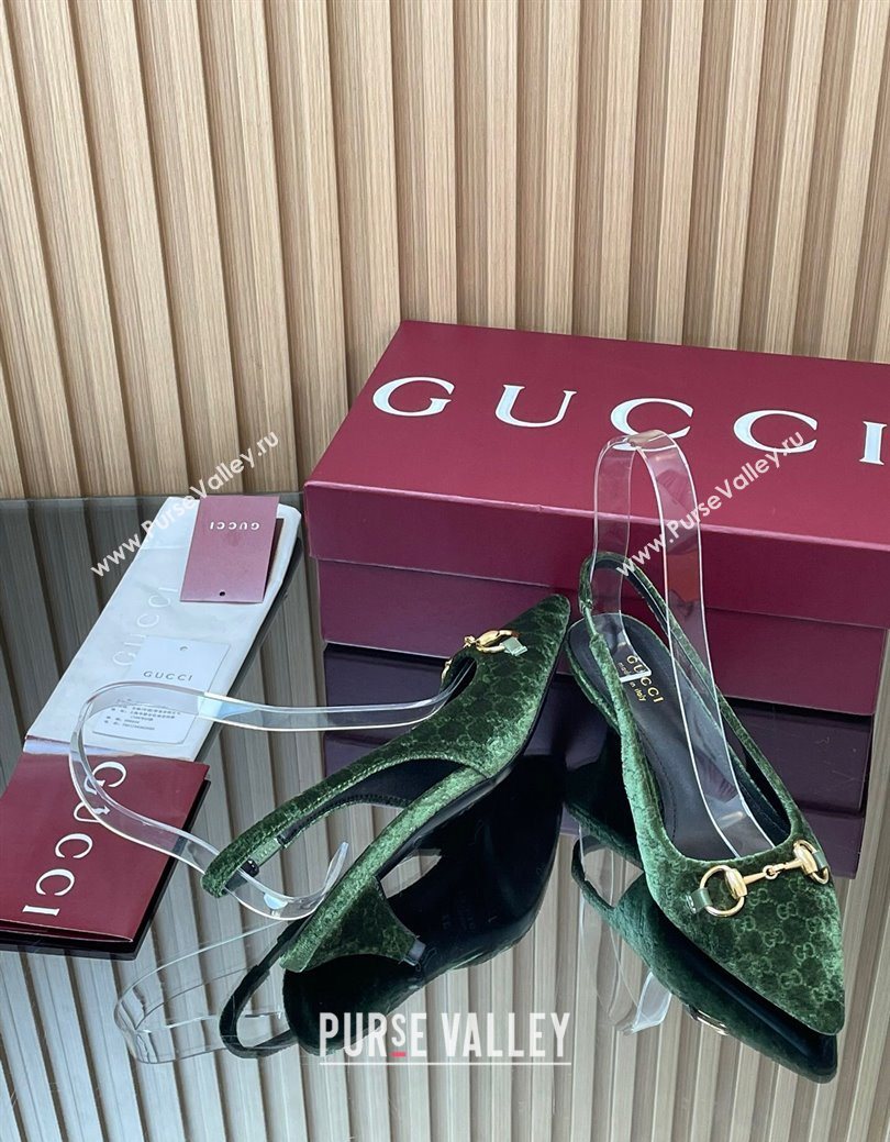 Gucci GG Velvet Slingback Pumps 4.5cm with Horsebit Green 2025 ‎835978 (MD-250828069)