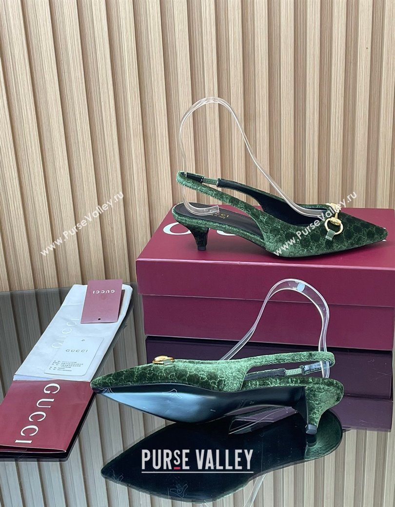 Gucci GG Velvet Slingback Pumps 4.5cm with Horsebit Green 2025 ‎835978 (MD-250828069)