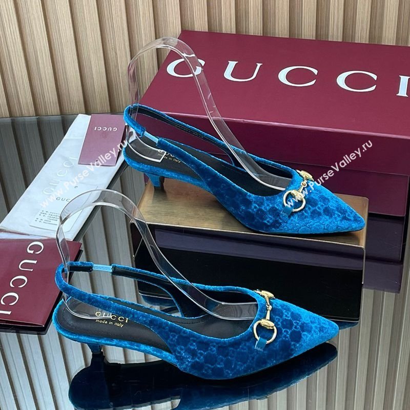 Gucci GG Velvet Slingback Pumps 4.5cm with Horsebit Blue 2025 ‎835978 (MD-250828070)