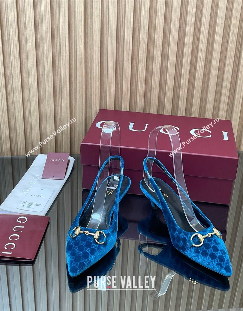 Gucci GG Velvet Slingback Pumps 4.5cm with Horsebit Blue 2025 ‎835978 (MD-250828070)