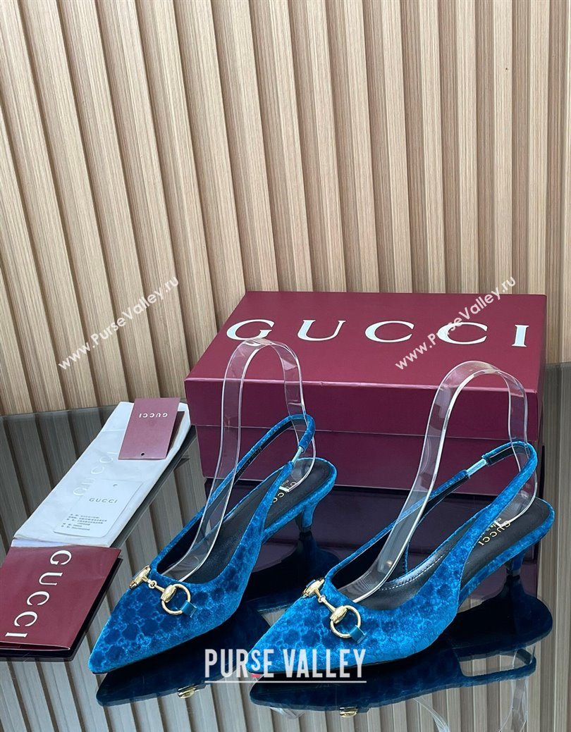 Gucci GG Velvet Slingback Pumps 4.5cm with Horsebit Blue 2025 ‎835978 (MD-250828070)