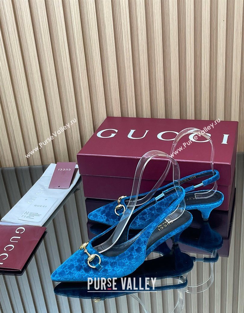 Gucci GG Velvet Slingback Pumps 4.5cm with Horsebit Blue 2025 ‎835978 (MD-250828070)