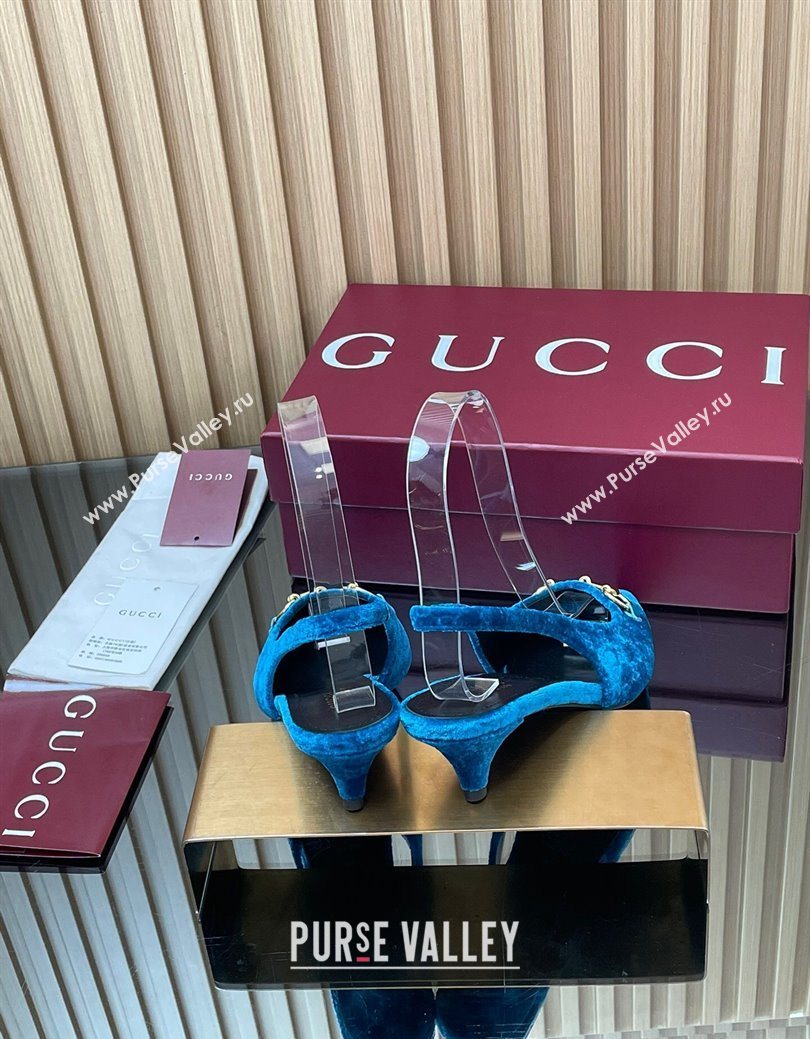 Gucci GG Velvet Slingback Pumps 4.5cm with Horsebit Blue 2025 ‎835978 (MD-250828070)