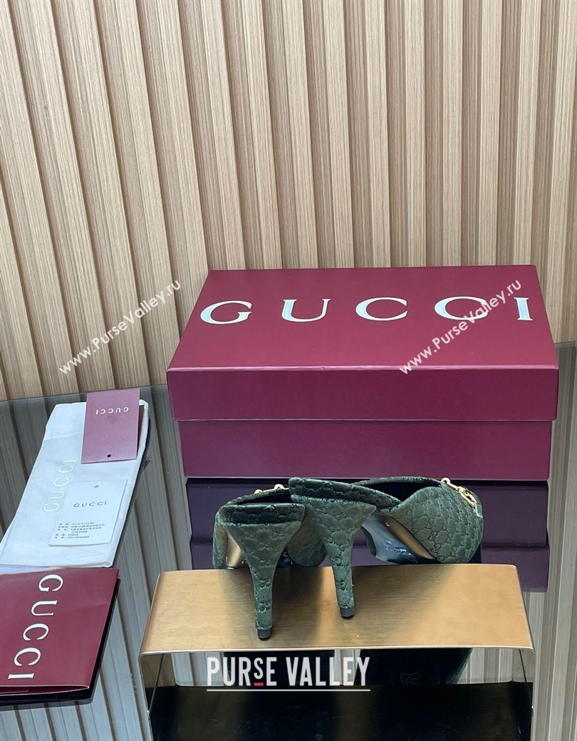 Gucci GG Velvet Heel Mules 8.5cm with Horsebit Green 2025 ‎835739 (MD-250828060)