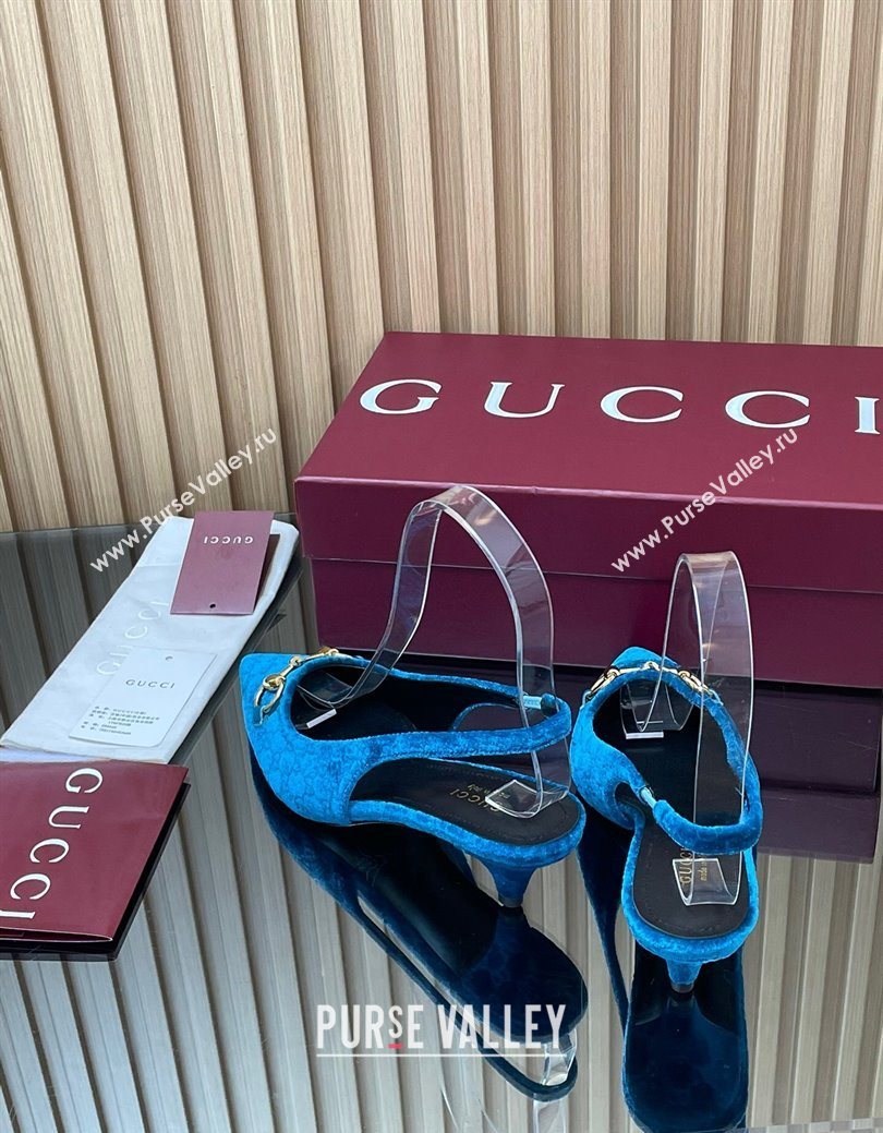 Gucci GG Velvet Slingback Pumps 4.5cm with Horsebit Blue 2025 ‎835978 (MD-250828070)