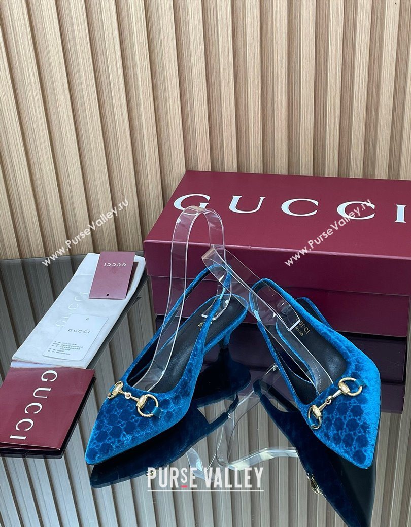 Gucci GG Velvet Slingback Pumps 4.5cm with Horsebit Blue 2025 ‎835978 (MD-250828070)
