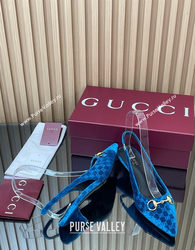 Gucci GG Velvet Slingback Pumps 4.5cm with Horsebit Blue 2025 ‎835978 (MD-250828070)