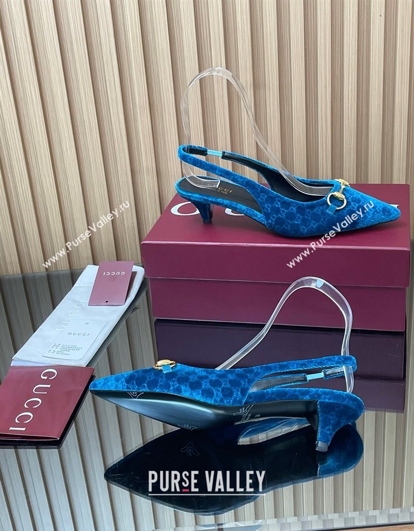 Gucci GG Velvet Slingback Pumps 4.5cm with Horsebit Blue 2025 ‎835978 (MD-250828070)