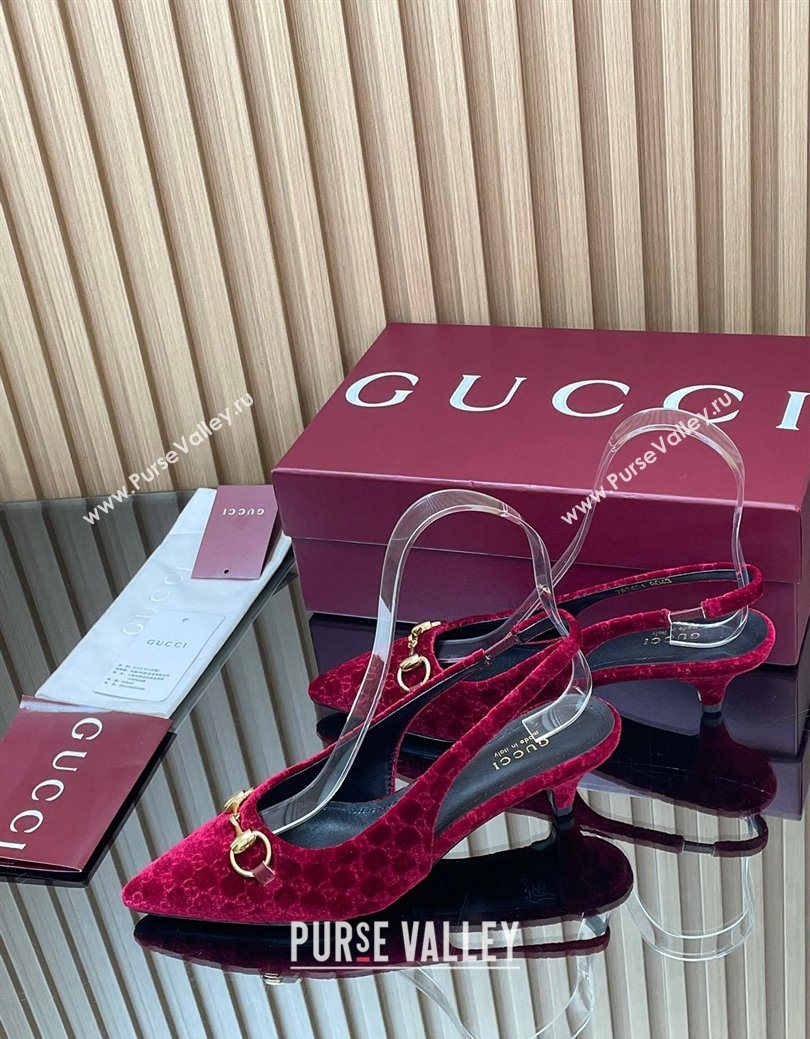 Gucci GG Velvet Slingback Pumps 4.5cm with Horsebit Red 2025 ‎835978 (MD-250828071)