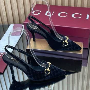 Gucci GG Velvet Slingback Pumps 8.5cm with Horsebit Black 2025 ‎835978 (MD-250828064)