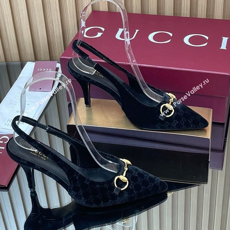 Gucci GG Velvet Slingback Pumps 8.5cm with Horsebit Black 2025 ‎835978 (MD-250828064)