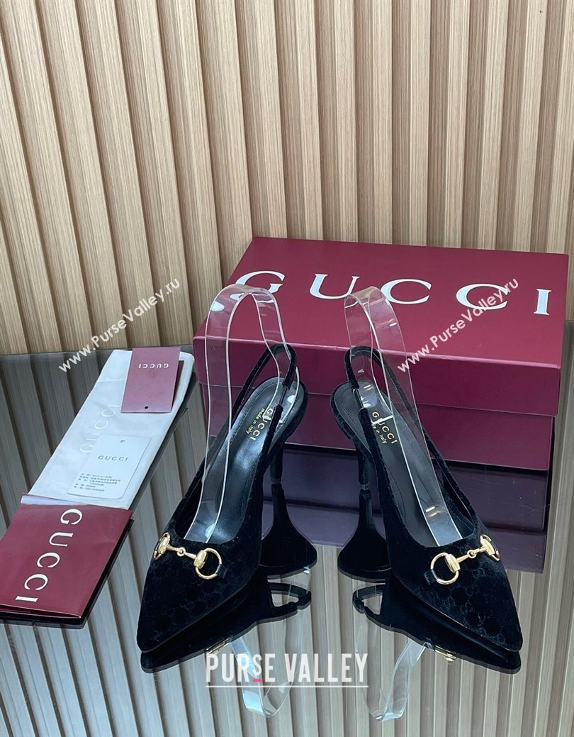 Gucci GG Velvet Slingback Pumps 8.5cm with Horsebit Black 2025 ‎835978 (MD-250828064)