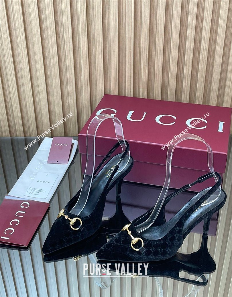 Gucci GG Velvet Slingback Pumps 8.5cm with Horsebit Black 2025 ‎835978 (MD-250828064)