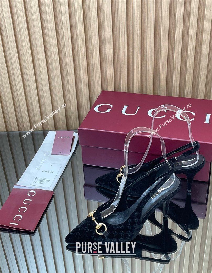 Gucci GG Velvet Slingback Pumps 8.5cm with Horsebit Black 2025 ‎835978 (MD-250828064)