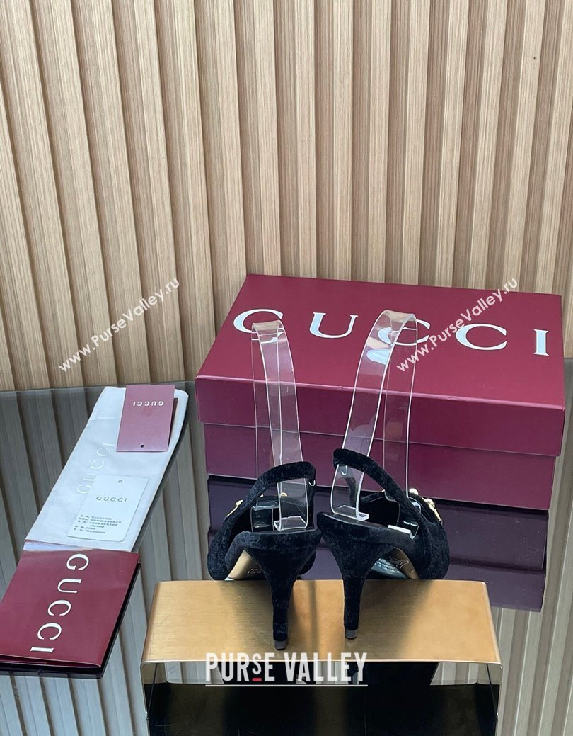 Gucci GG Velvet Slingback Pumps 8.5cm with Horsebit Black 2025 ‎835978 (MD-250828064)
