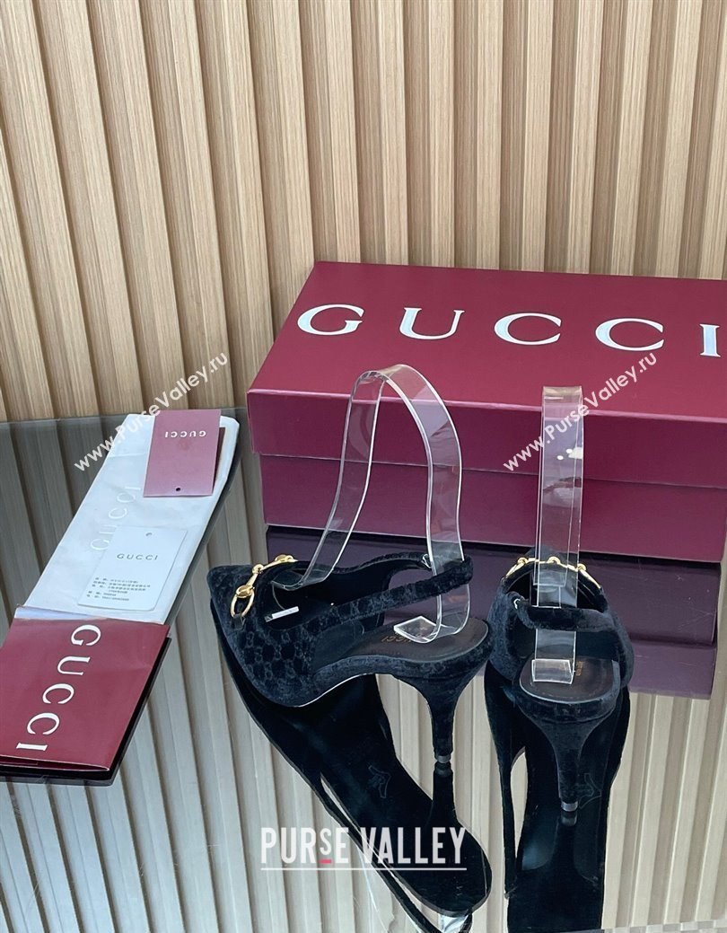 Gucci GG Velvet Slingback Pumps 8.5cm with Horsebit Black 2025 ‎835978 (MD-250828064)