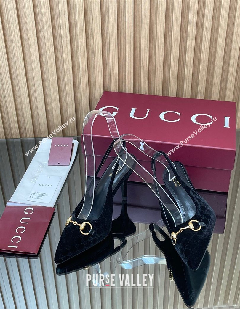 Gucci GG Velvet Slingback Pumps 8.5cm with Horsebit Black 2025 ‎835978 (MD-250828064)