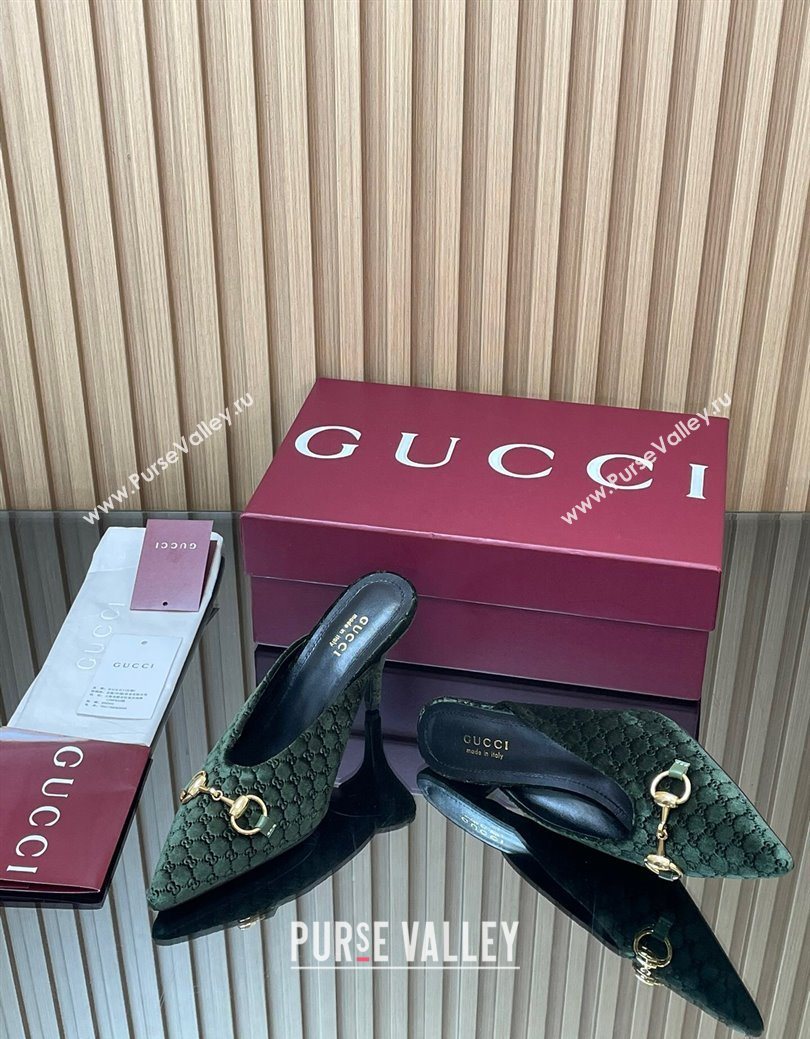 Gucci GG Velvet Heel Mules 8.5cm with Horsebit Green 2025 ‎835739 (MD-250828060)