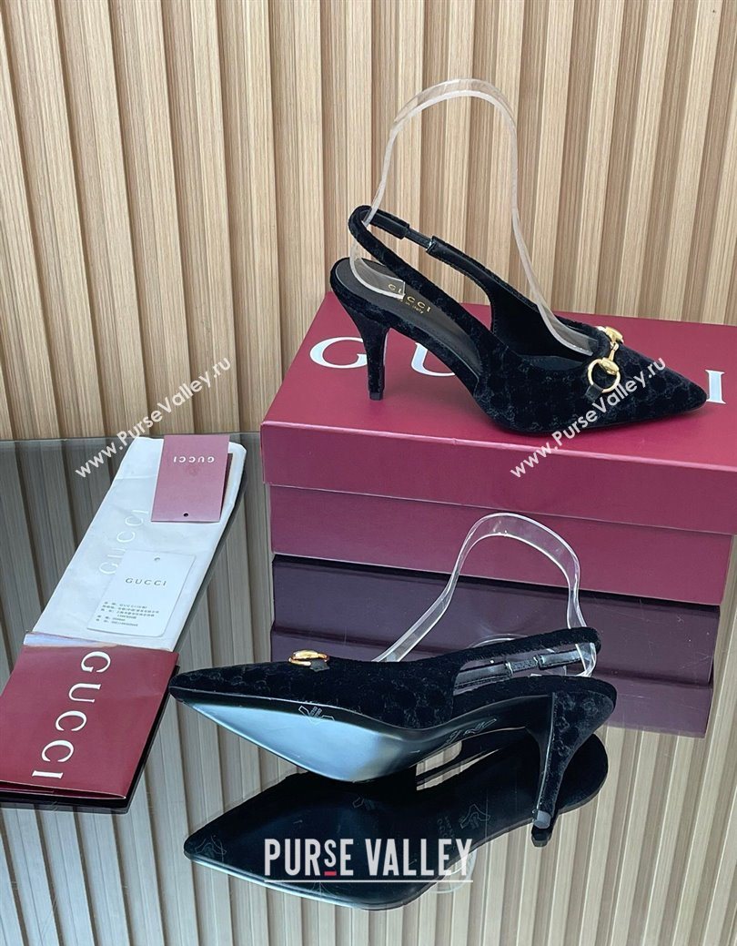 Gucci GG Velvet Slingback Pumps 8.5cm with Horsebit Black 2025 ‎835978 (MD-250828064)