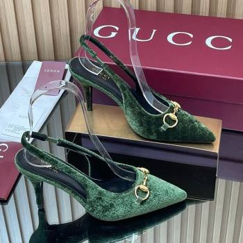 Gucci GG Velvet Slingback Pumps 8.5cm with Horsebit Green 2025 ‎835978 (MD-250828065)
