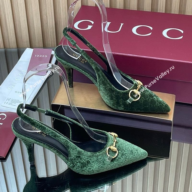 Gucci GG Velvet Slingback Pumps 8.5cm with Horsebit Green 2025 ‎835978 (MD-250828065)